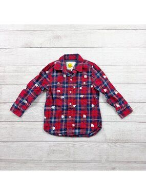 Boden Kids Plaid Button Up Shirt Polar Bear Print Red Blue Long Sleeve 4-5